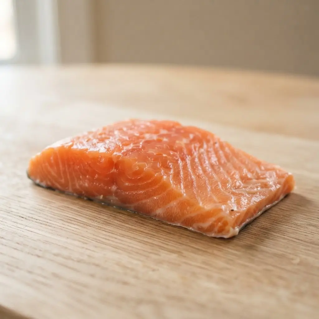 Salmon on a plain wooden surface.