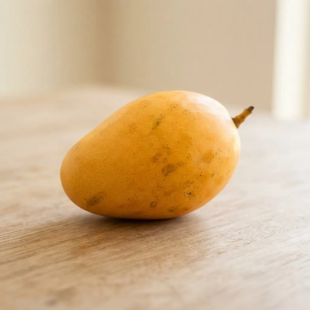 Mango on a plain wooden surface.
