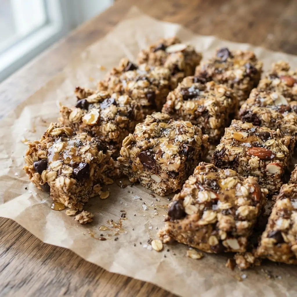 Chunky peanut butter oat squares with rolled oats, seeds, and dark chocolate pieces on parchment for DIY protein bars ideas.