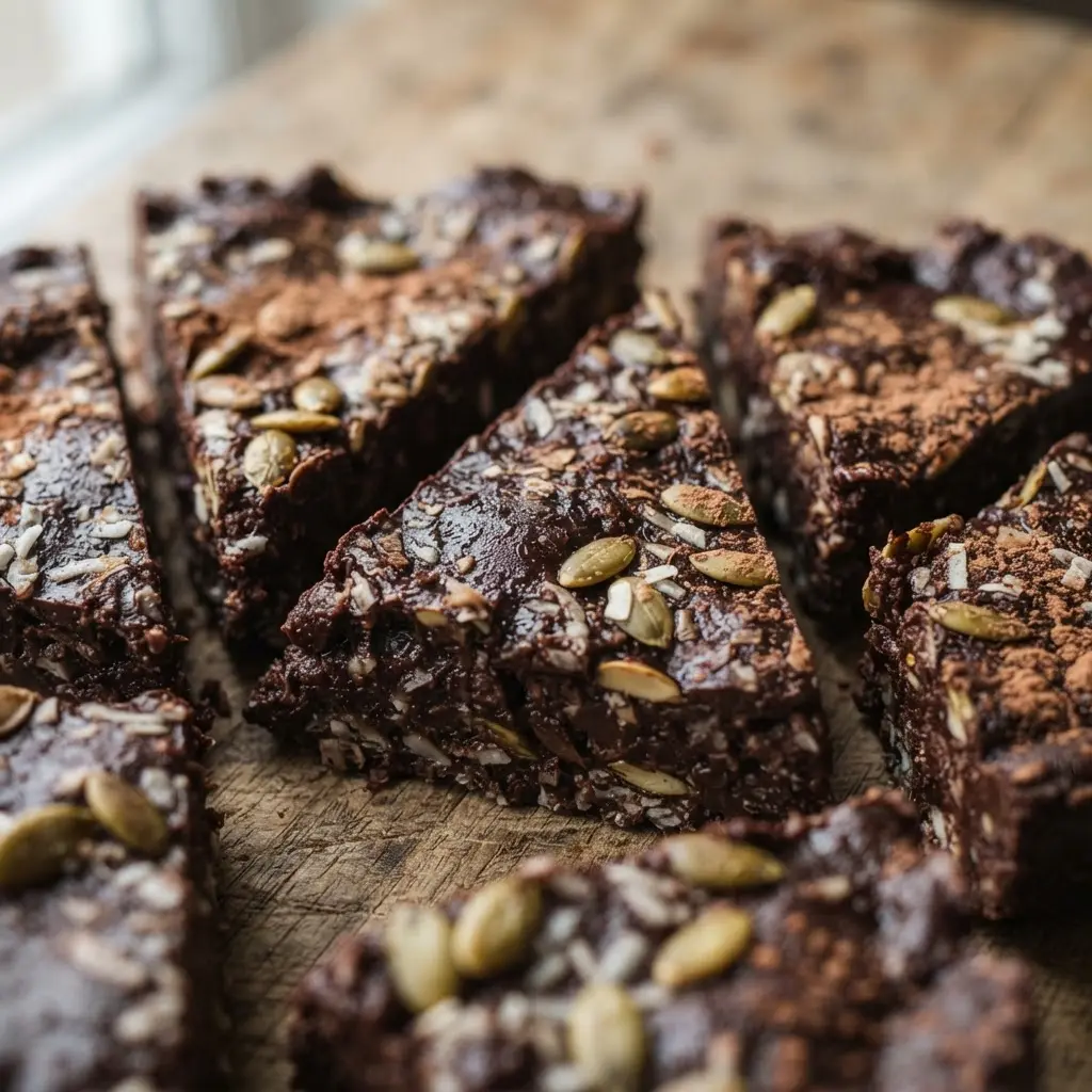 Dark chocolate coconut protein wedges cut into triangles, showing shredded coconut, cocoa, and toasted pumpkin seeds.