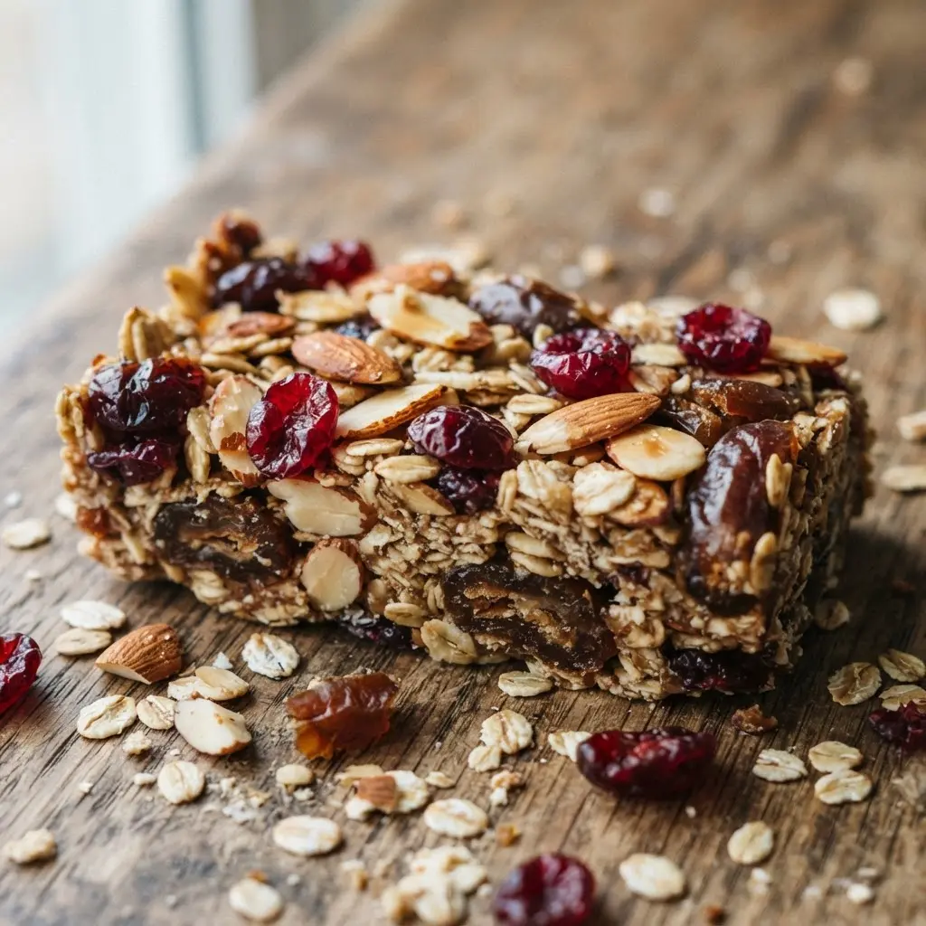 Dried cranberry almond crunch bars with oats, sliced almonds, and chewy dates showing a dense homemade protein bar texture.