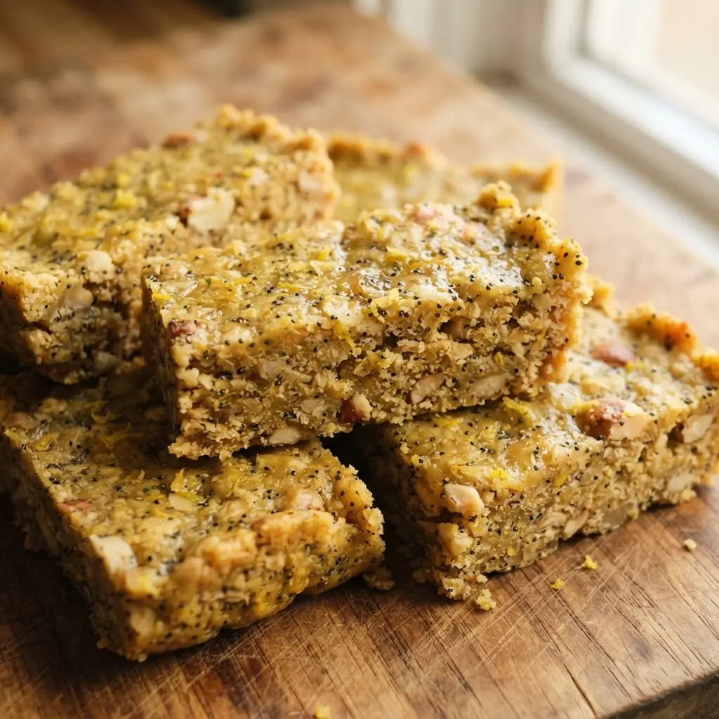 Golden lemon poppy seed slices with oat crumbs, lemon zest, and black poppy seeds arranged on a wooden board.