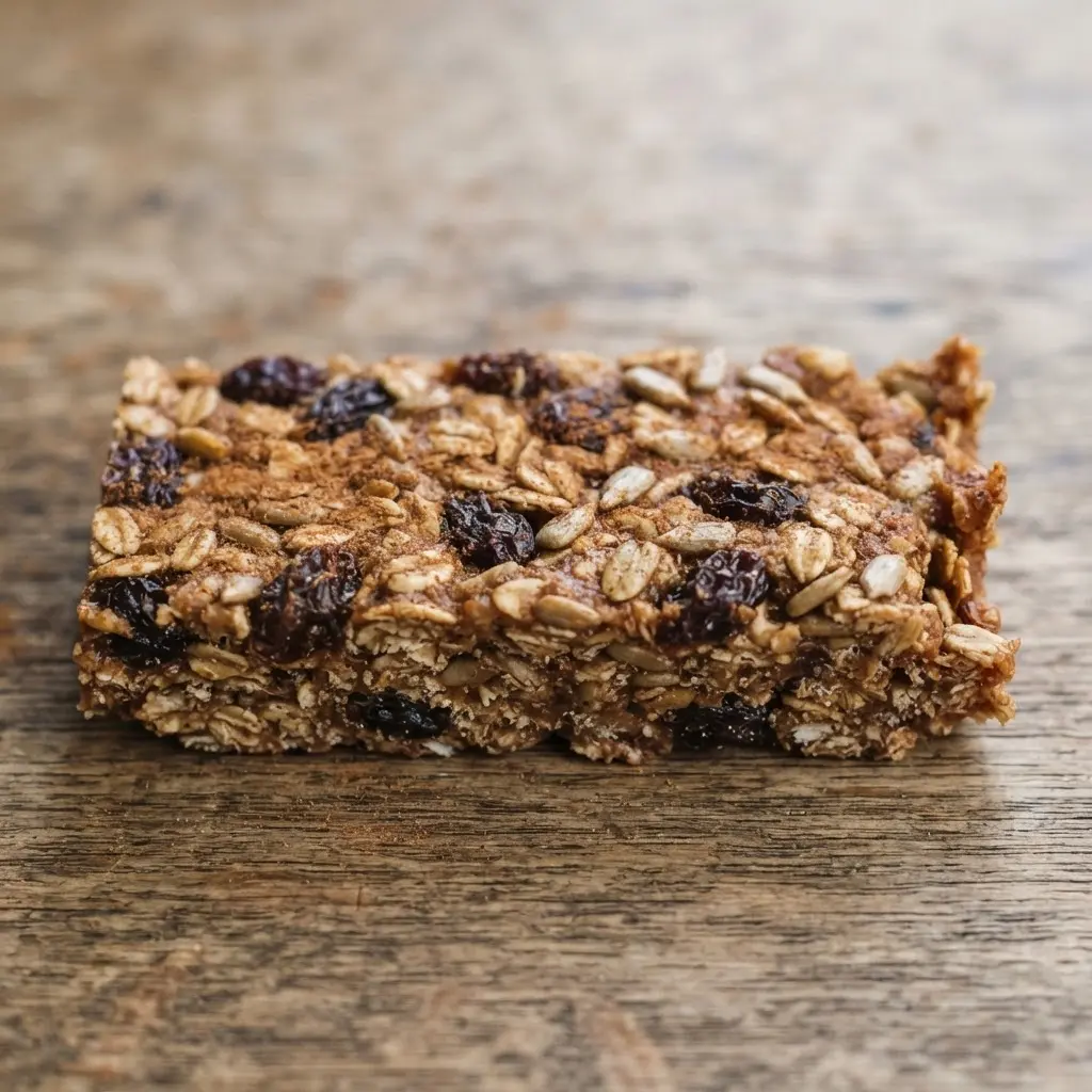 Spiced cinnamon raisin oat bars with rolled oats, raisins, sunflower seeds, and cinnamon visible across each cut piece.