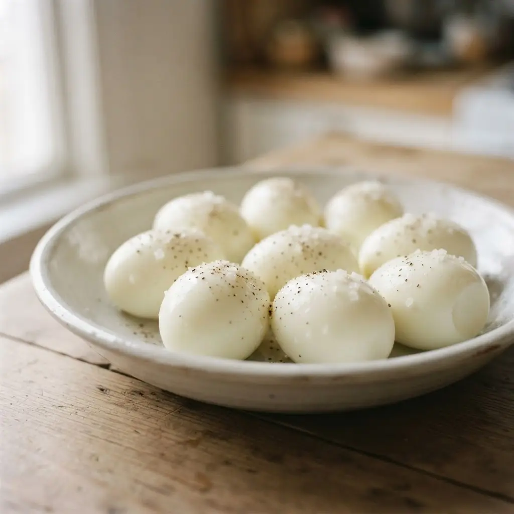Sea salt seasoned hard-boiled eggs on a ceramic plate, an easy paleo snack idea with cracked pepper.
