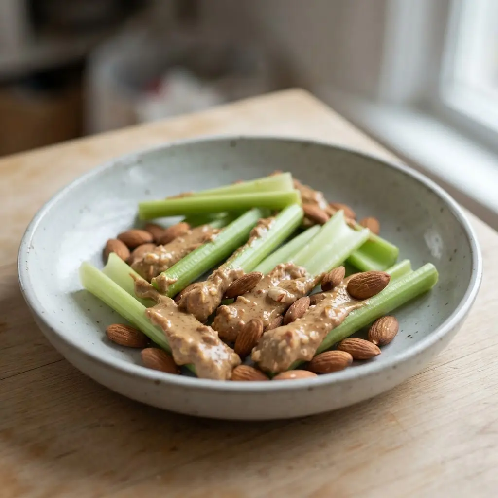 Celery sticks filled with smooth almond butter on a pale plate beside scattered almonds.