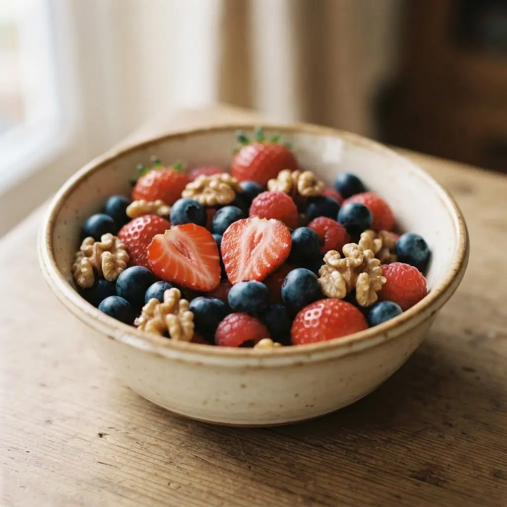 Fresh berries and raw walnuts in a small bowl, showing easy paleo snack ideas with natural color.