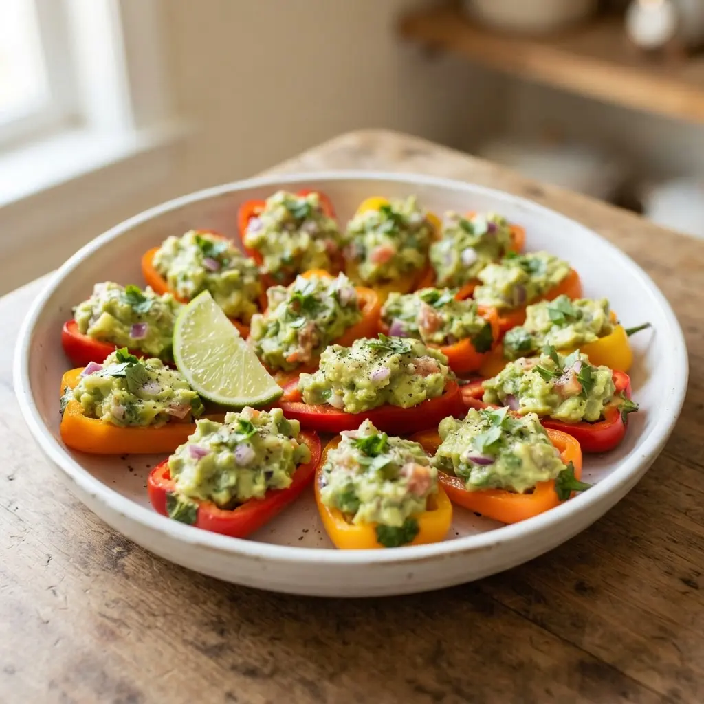Mini bell peppers filled with green guacamole on a wooden board beside lime wedges.