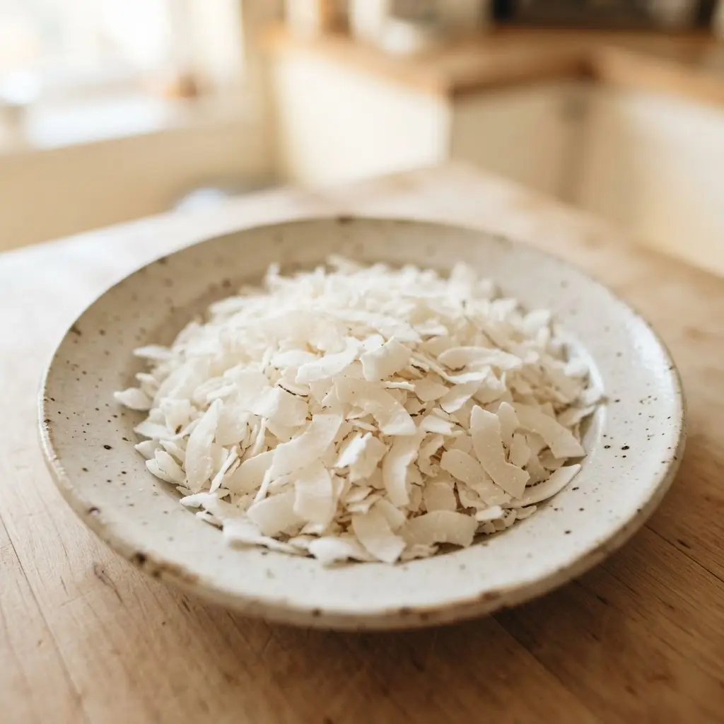 Dried unsweetened coconut flakes in a small bowl, a simple Paleo snack for a quick bite.