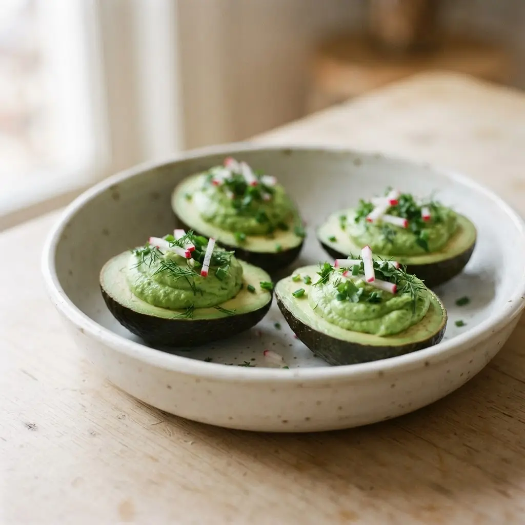 Avocado halves filled with smooth green vegetable topping, herbs, and tiny radish pieces for Easter inspired veggie food ideas.