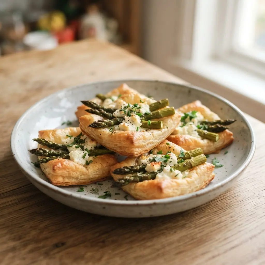 Golden puff pastry tartlets topped with asparagus spears, soft goat cheese, and chopped herbs on a white platter.