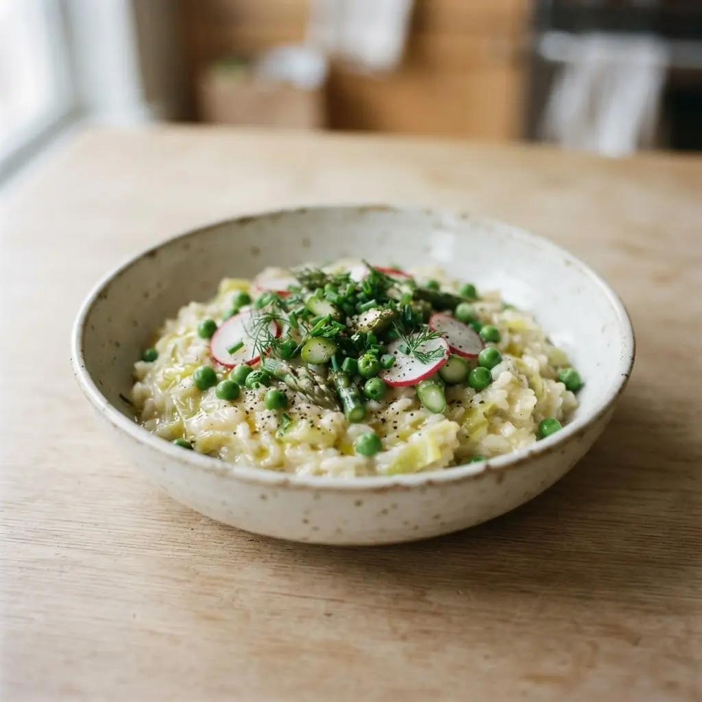 Creamy leek risotto topped with peas, asparagus pieces, sliced radishes, and fresh herbs for Easter inspired veggie food ideas.