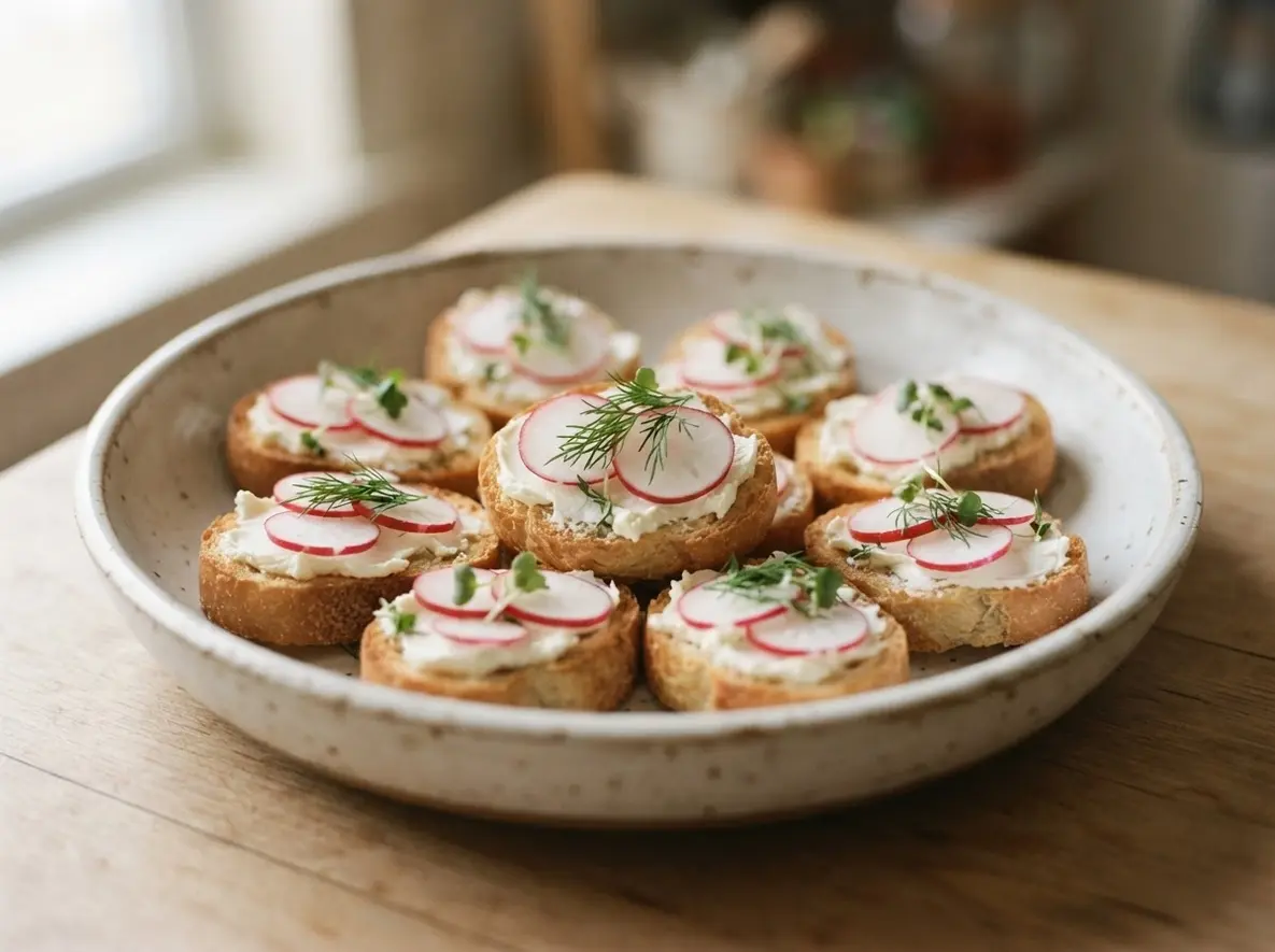 Round toasted crostini spread with cream cheese and topped with thin radish slices, dill, and microgreens.