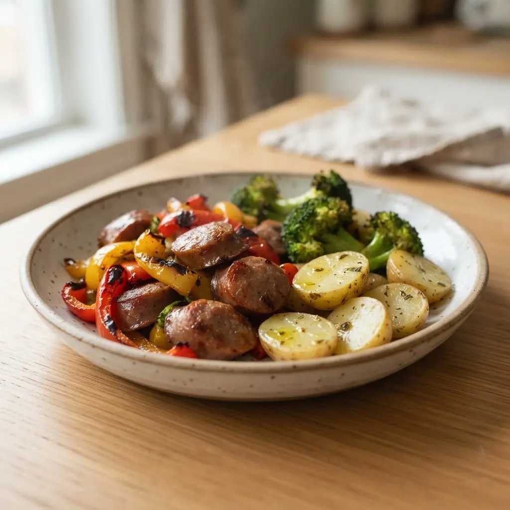 Sheet pan holding sliced sausage, broccoli, peppers, and potatoes, a healthy bachelor food idea.