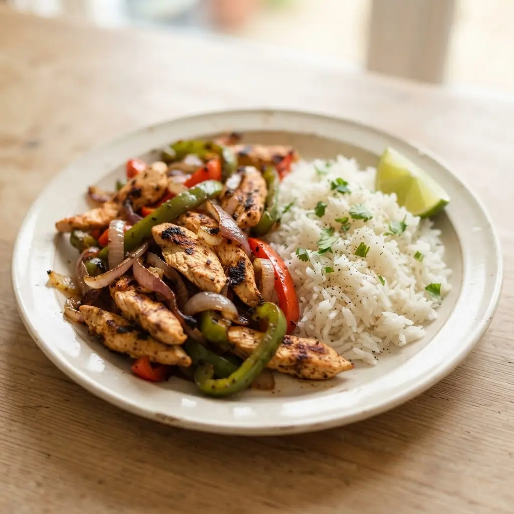 Overhead chicken fajita sheet pan with peppers, onions, and lime beside rice, an easy but healthy bachelor food idea.