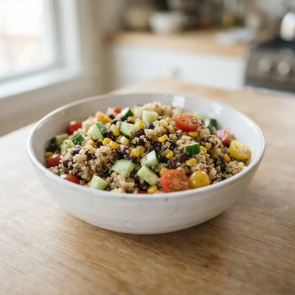 Quinoa bowl with black beans, corn, cucumber, tomatoes, and herbs in a clear serving bowl.