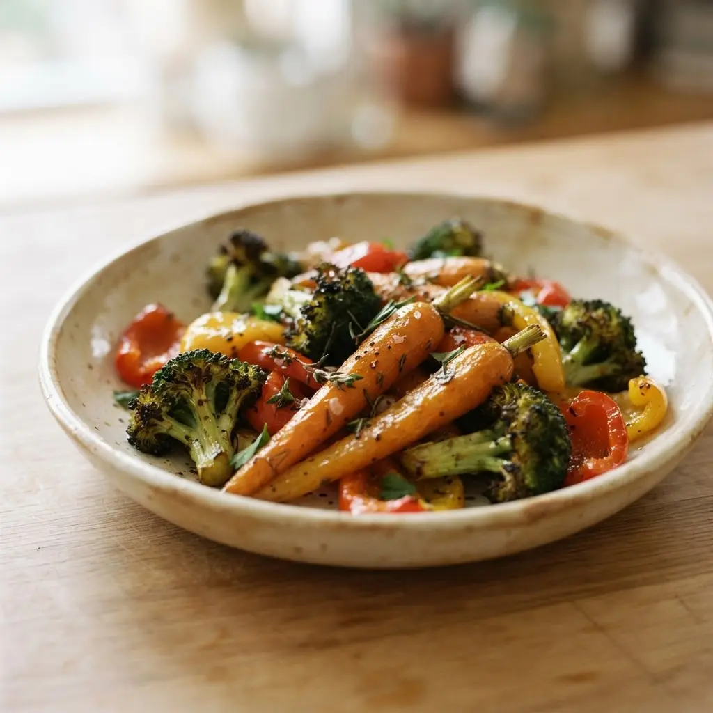 Roasted carrots, broccoli, and peppers fill a sheet pan for easy tips for more healthier dinners.