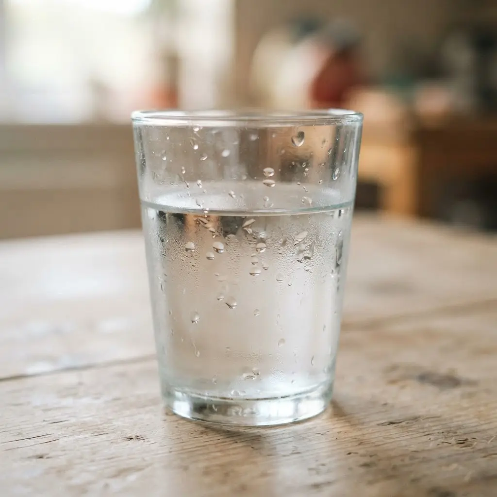 A clear glass of water stands beside a dinner plate with vegetables, beans, and brown rice.