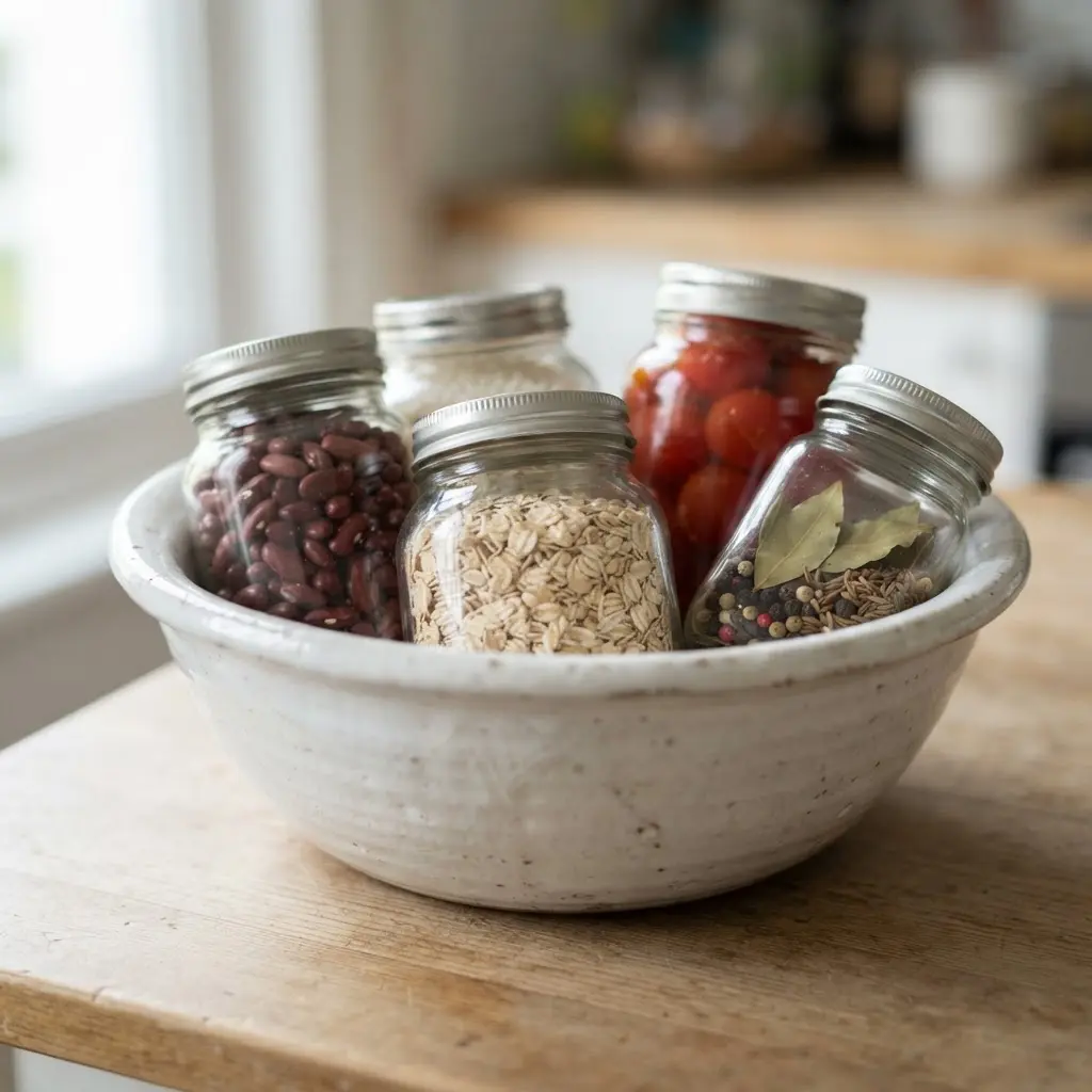 Glass jars of beans, rice, oats, tomatoes, and spices line a tidy pantry shelf for quick meals.