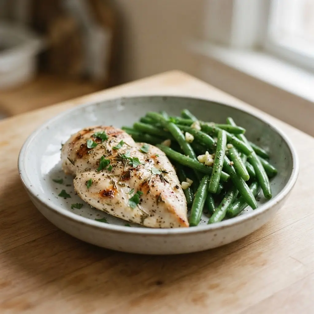 Grilled chicken breast with herbs sits beside green beans and lemon wedges on a white dinner plate.