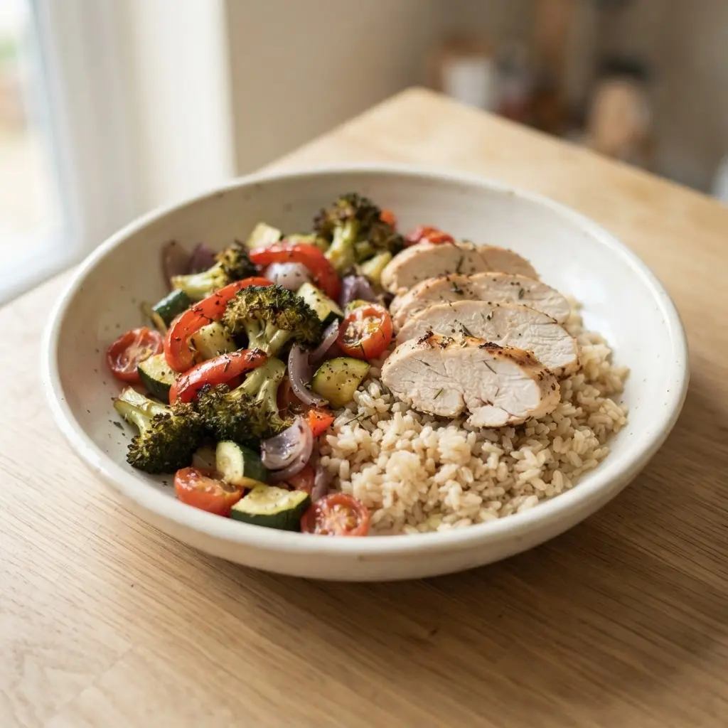 A bowl holds brown rice, roasted vegetables, and sliced chicken for a balanced family dinner.