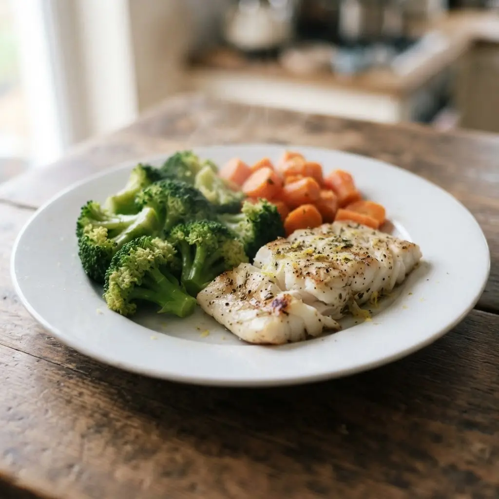 Bright green broccoli and orange carrots sit beside grilled fish after gentle steaming and grilling.