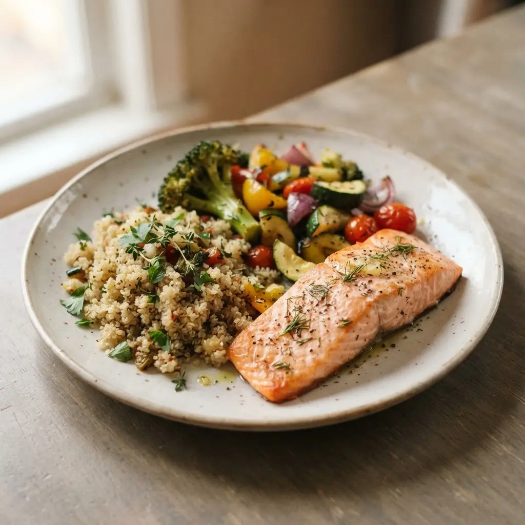 A divided plate shows vegetables, salmon, and quinoa in clear portions for easy tips for more healthier dinners.