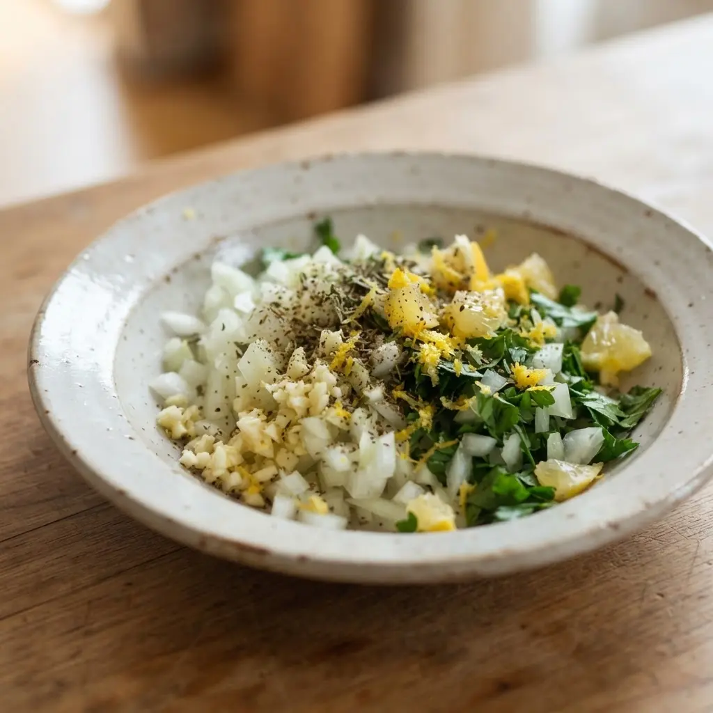 Chopped garlic, onion, parsley, lemon, and spices surround a pan on a clean kitchen counter.