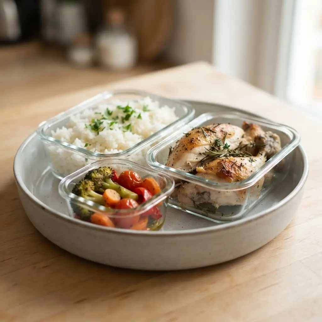 Glass containers hold cooked rice, roasted chicken, and colorful vegetables for several planned dinners.