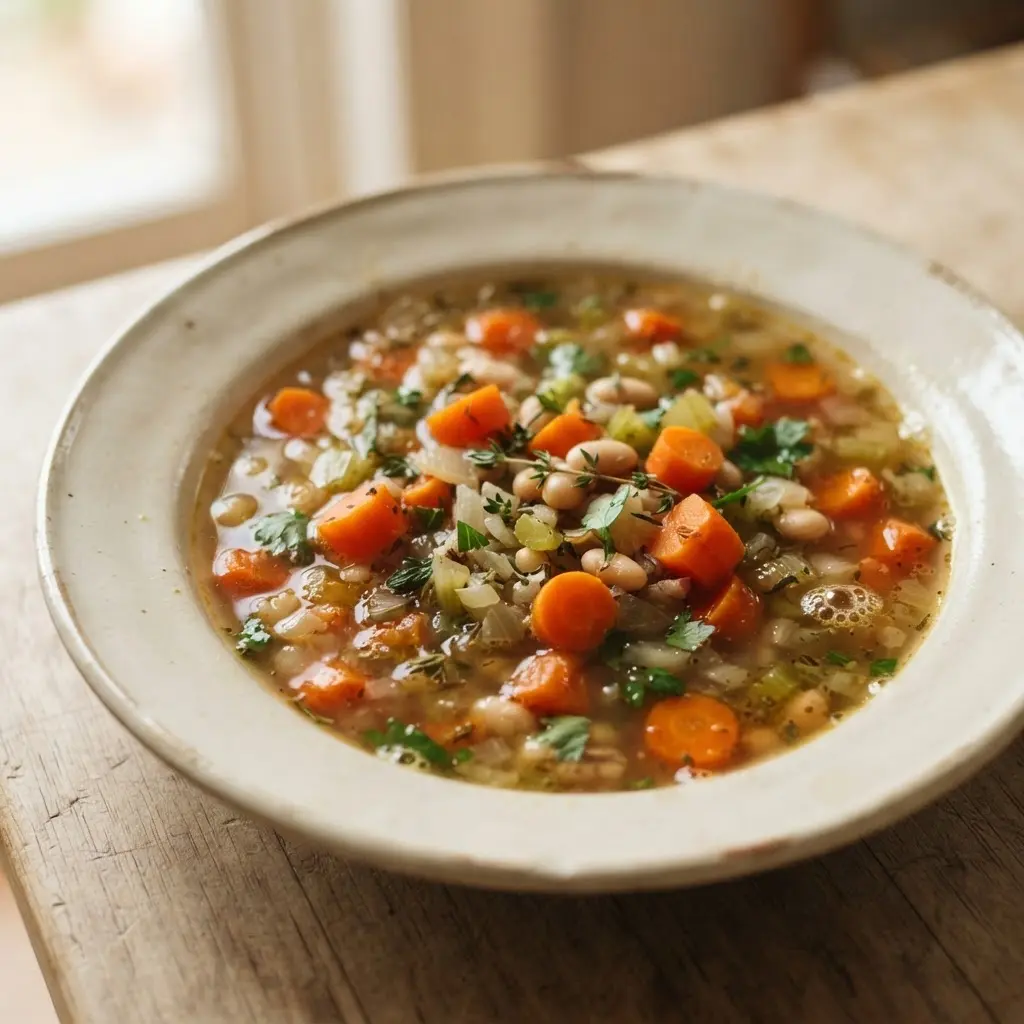 A packaged soup label sits beside fresh carrots, onions, beans, and herbs on a kitchen table.