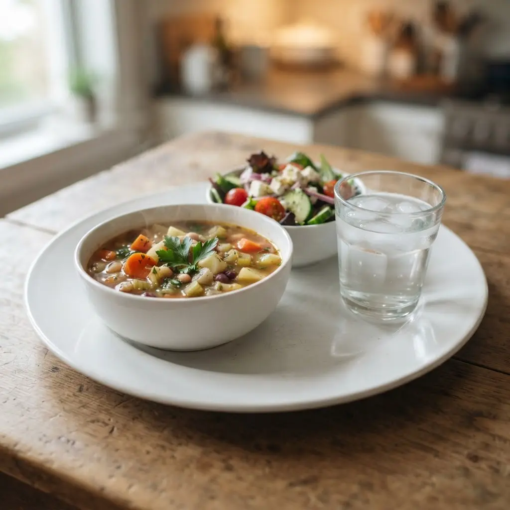 A bowl of soup, a small salad, and water sit on a set table beside a folded napkin.