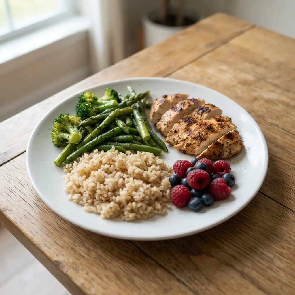Fresh vegetables, berries, brown rice, and grilled chicken arranged as healthy eating tips on a neutral plate.
