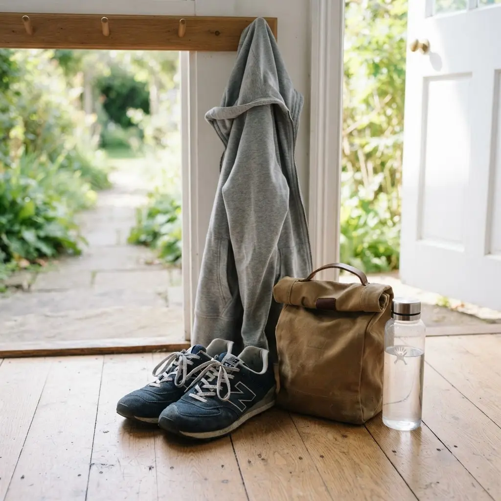 Walking shoes beside a packed lunch, water bottle, and coat near a bright doorway.