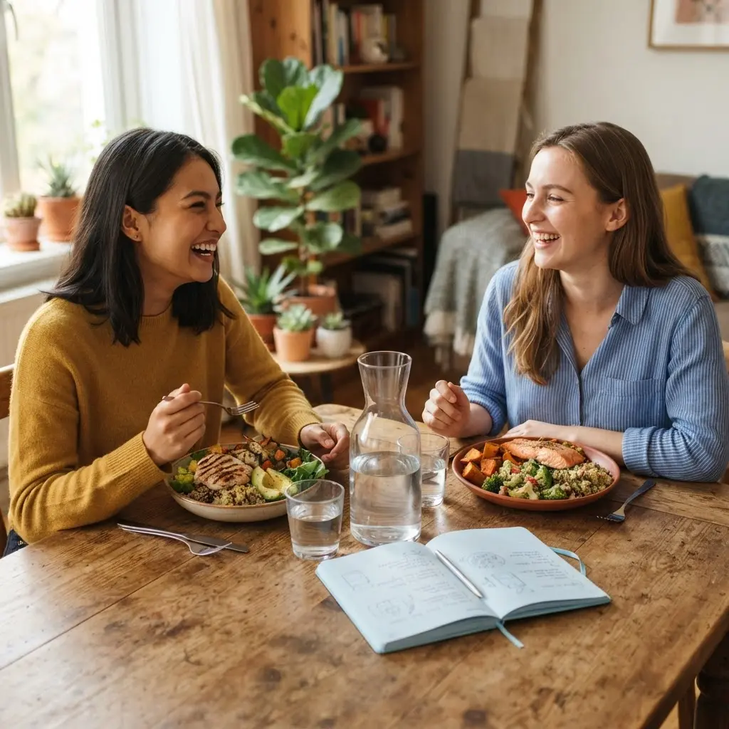 Two friends seated at a table with balanced meals, a water carafe, and a handwritten weekly food plan.