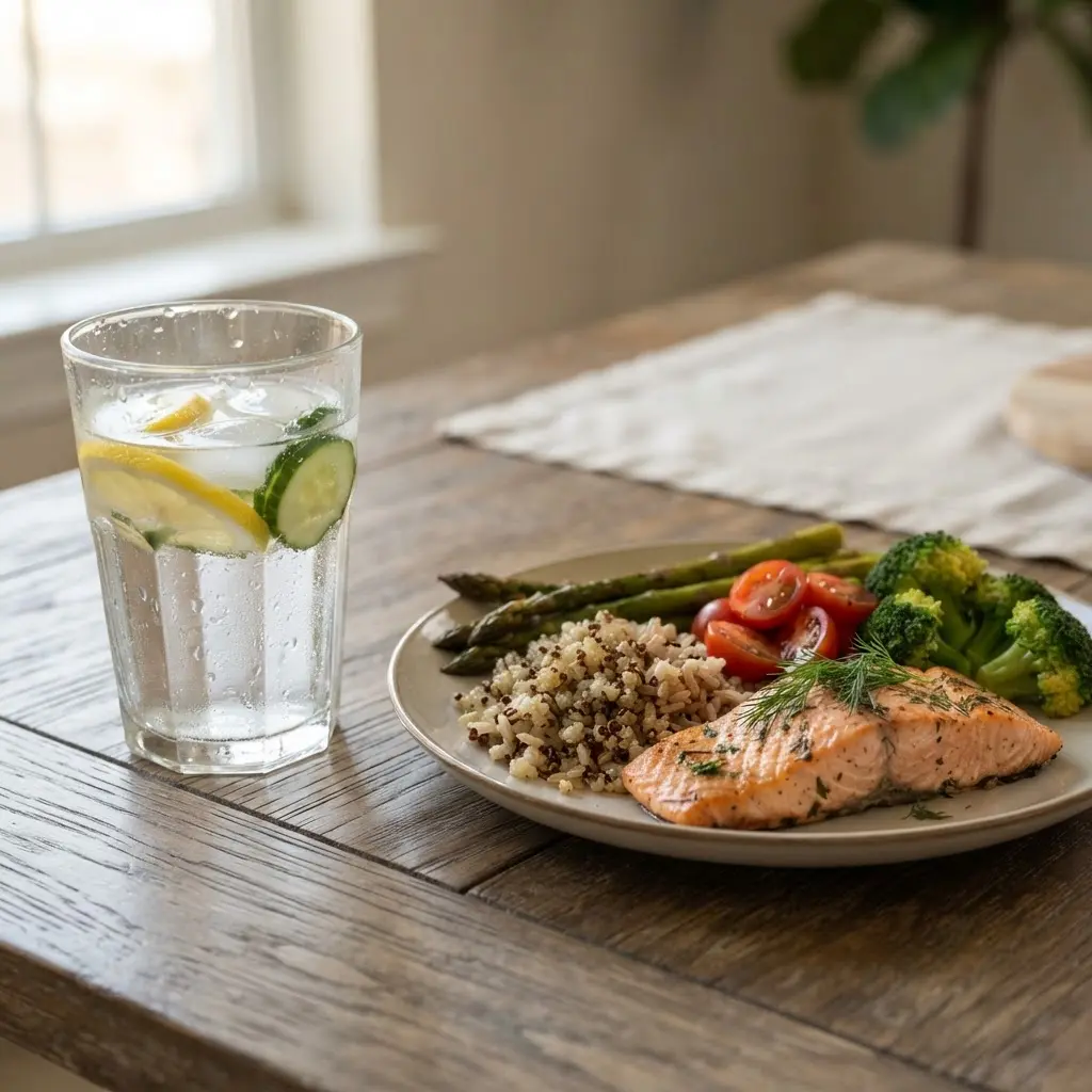 Clear water glass beside cucumber, lemon, and a balanced lunch on a clean neutral table.