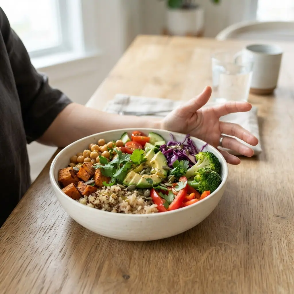 Person pausing beside a colorful grain bowl with vegetables and beans, showing healthy eating tips during lunch.
