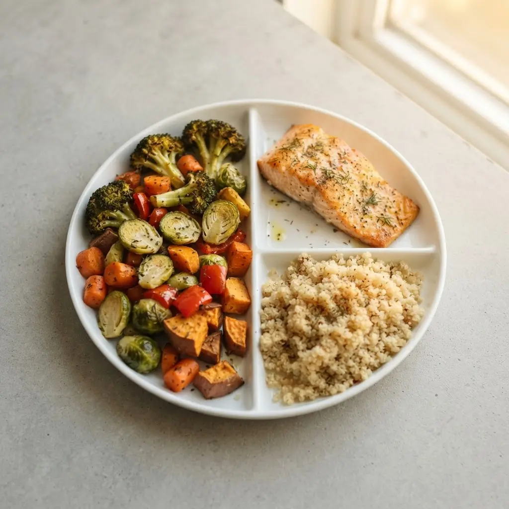 Round plate divided into vegetables, baked salmon, and quinoa portions on a plain background.