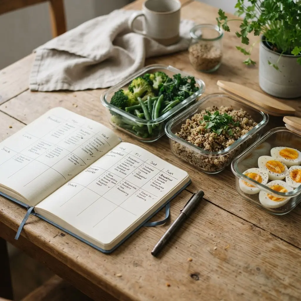 Notebook with a weekly meal plan beside containers of vegetables, cooked grains, and boiled eggs for healthy eating tips.
