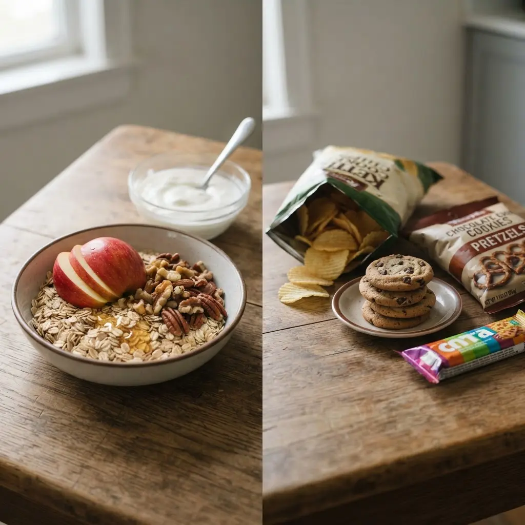Oats, apples, nuts, and plain yogurt beside packaged snack foods arranged for easy to follow healthy dieting tips.
