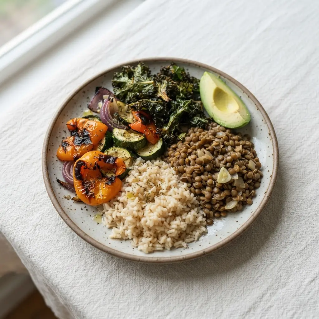 Balanced dinner plate with roasted vegetables, lentils, brown rice, and a small serving of avocado.