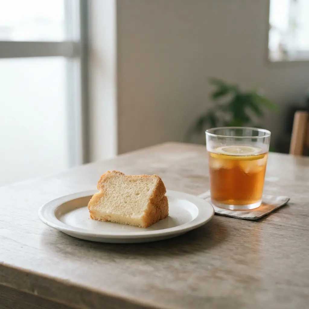 Small slice of cake beside fresh berries and unsweetened tea on a neutral table.