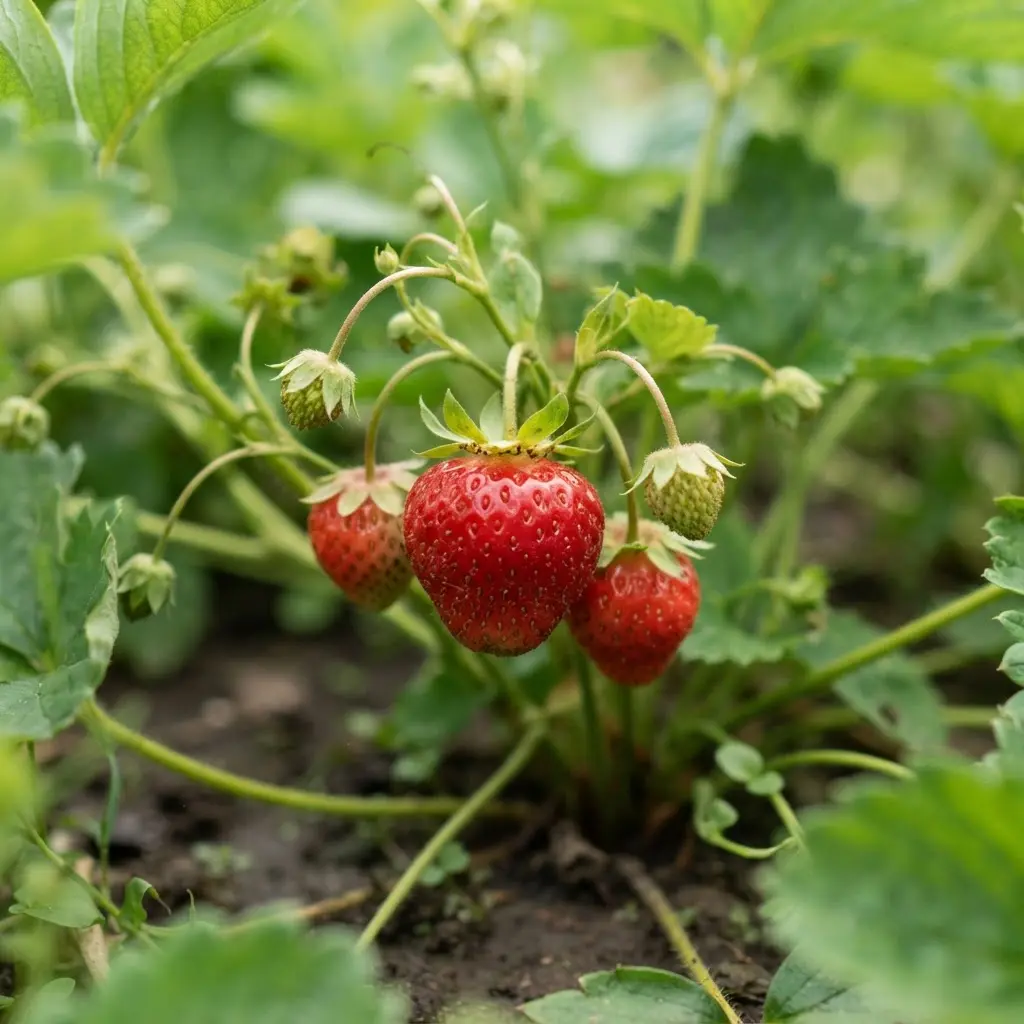 Strawberries growing on its plant.