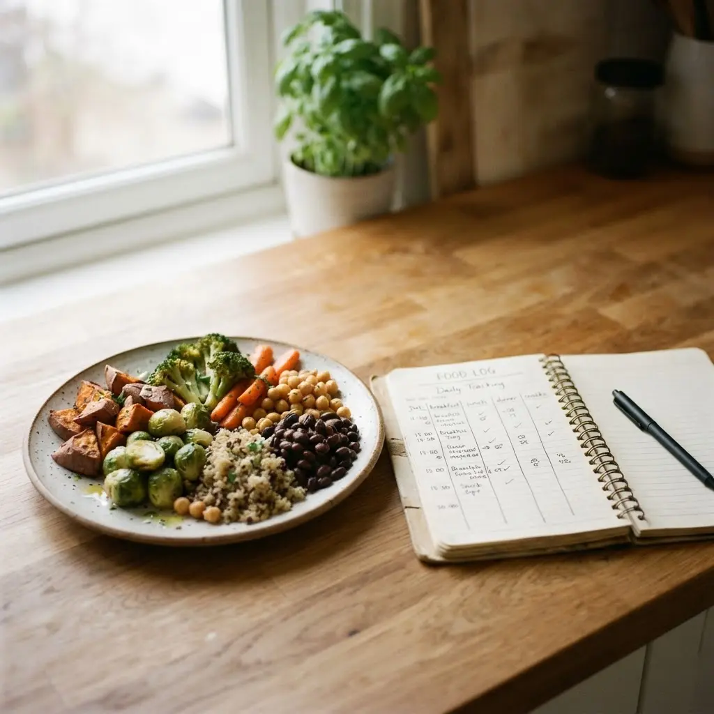 Notebook beside a balanced lunch with vegetables, beans, and whole grains for improving eating habits.