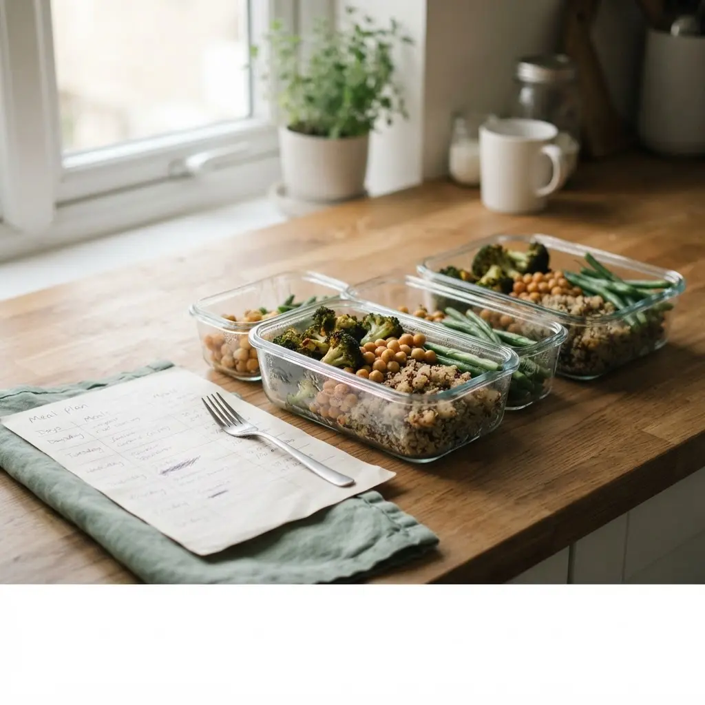 Weekly meal plan, labeled containers, vegetables, grains, and cooked beans arranged on a kitchen counter.