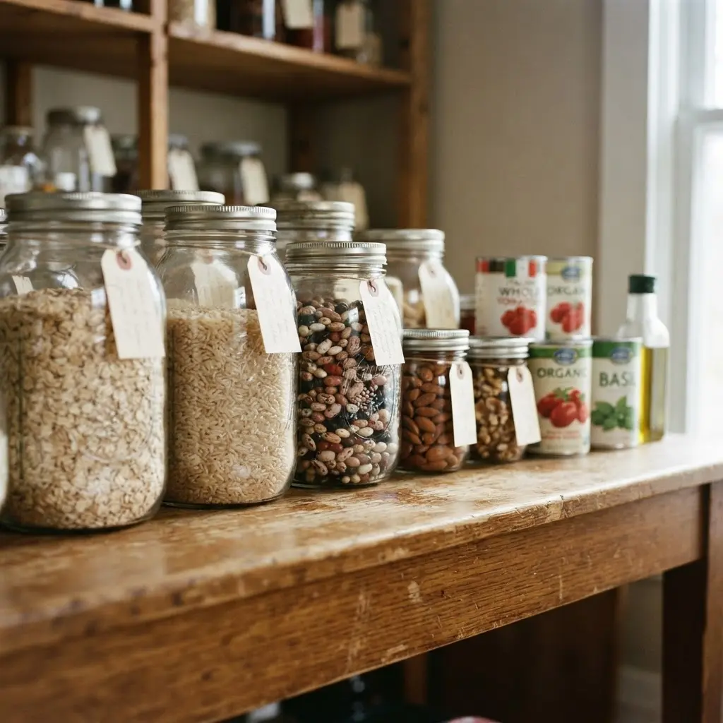 Organized pantry shelf with glass jars of oats, beans, brown rice, nuts, and canned tomatoes.
