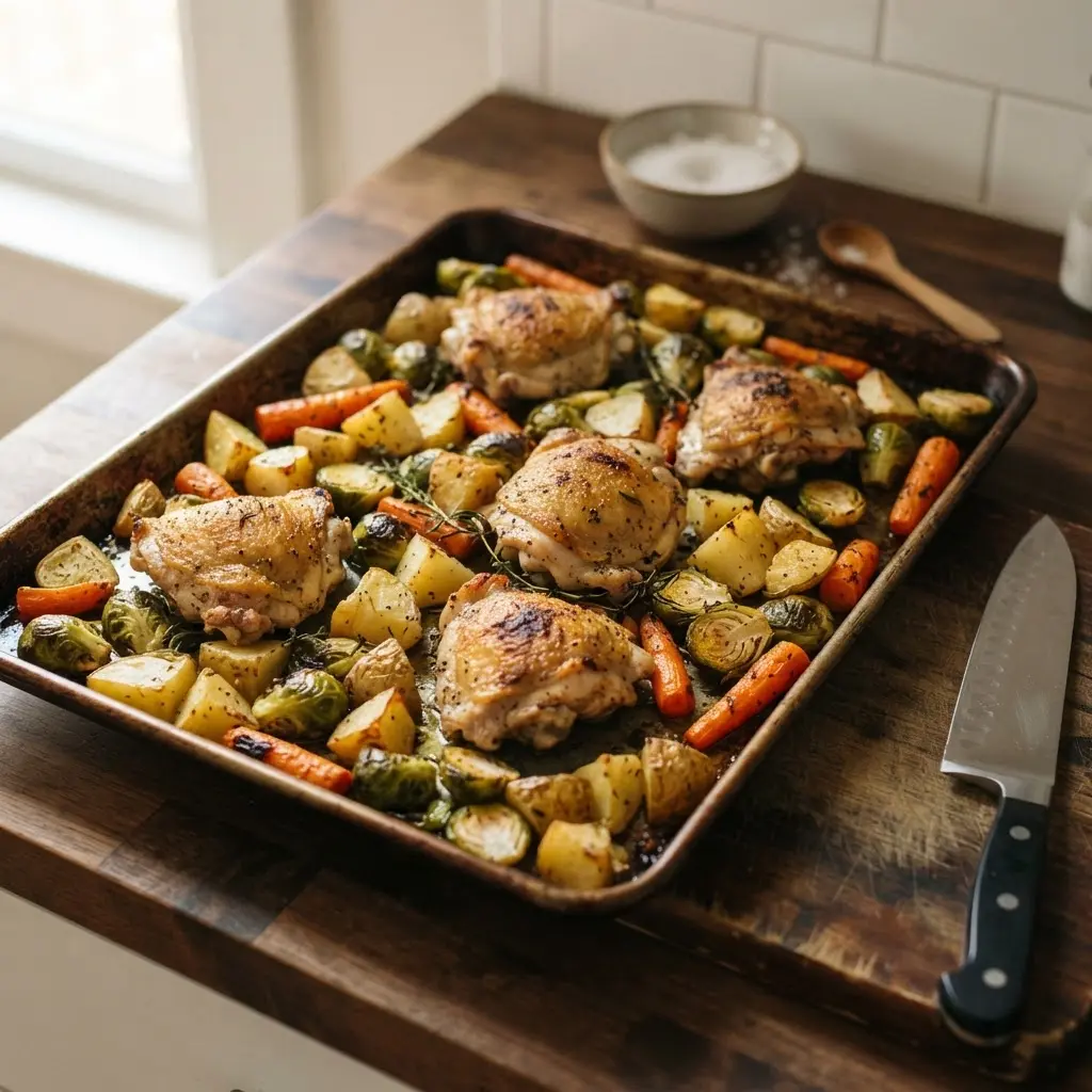 Sheet pan holding roasted vegetables, chicken, and potatoes beside a cutting board and kitchen knife.