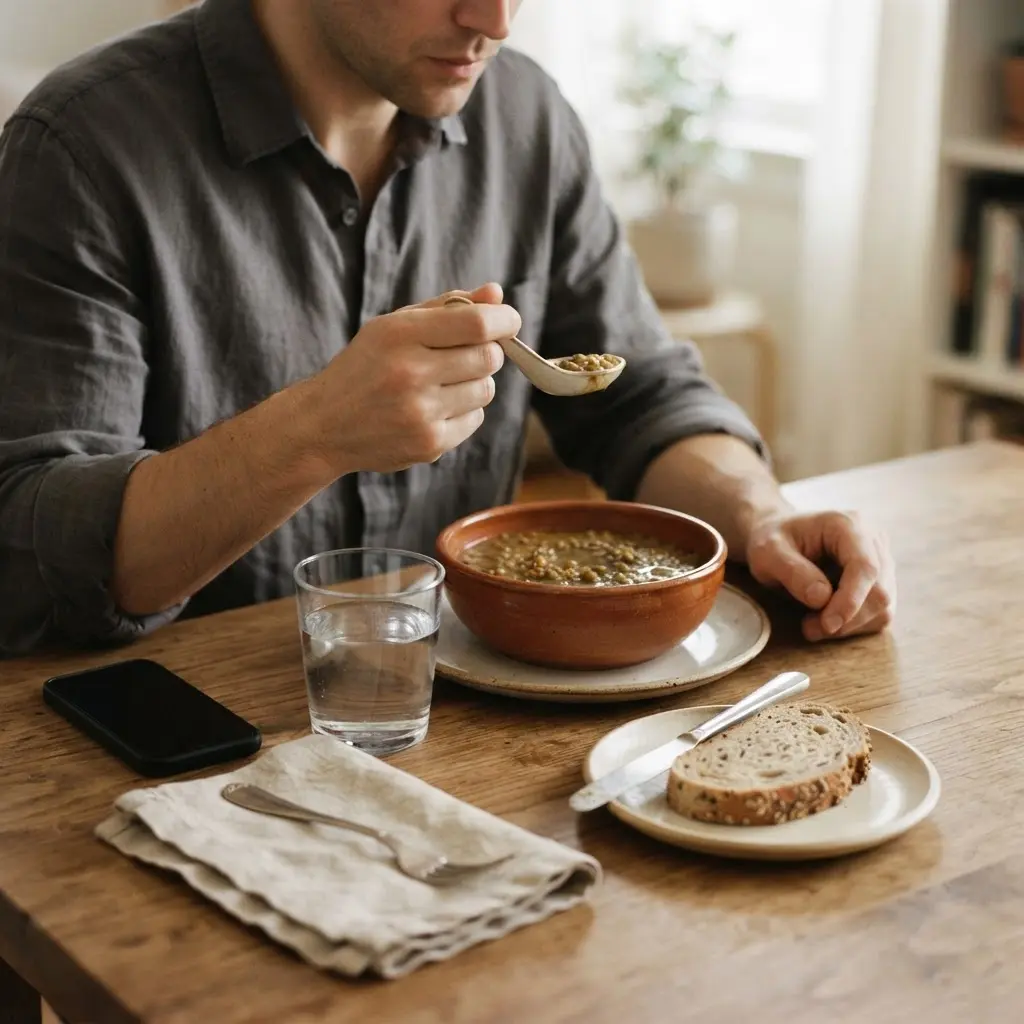 Person eating soup slowly at a table with water, whole grain bread, and a phone set aside for mindful eating habits.