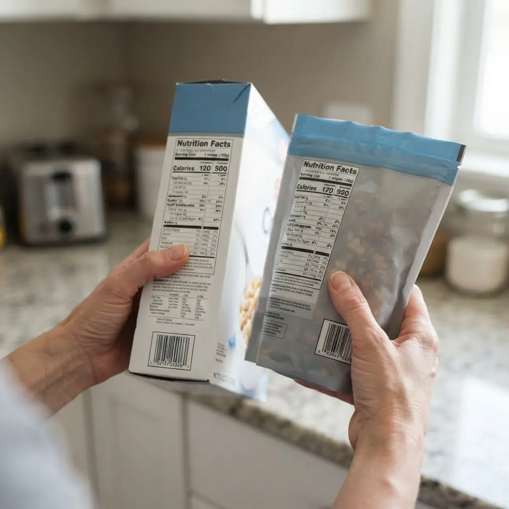 Hands comparing serving size, fiber, sugar, and sodium details on two packaged breakfast foods.