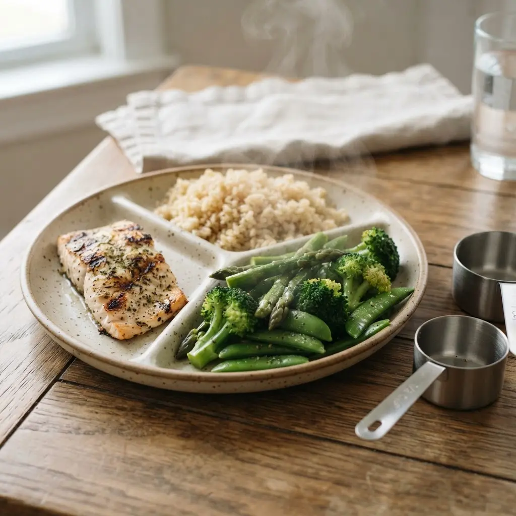Dinner plate with vegetables, brown rice, and grilled fish arranged in separate portions beside measuring cups.