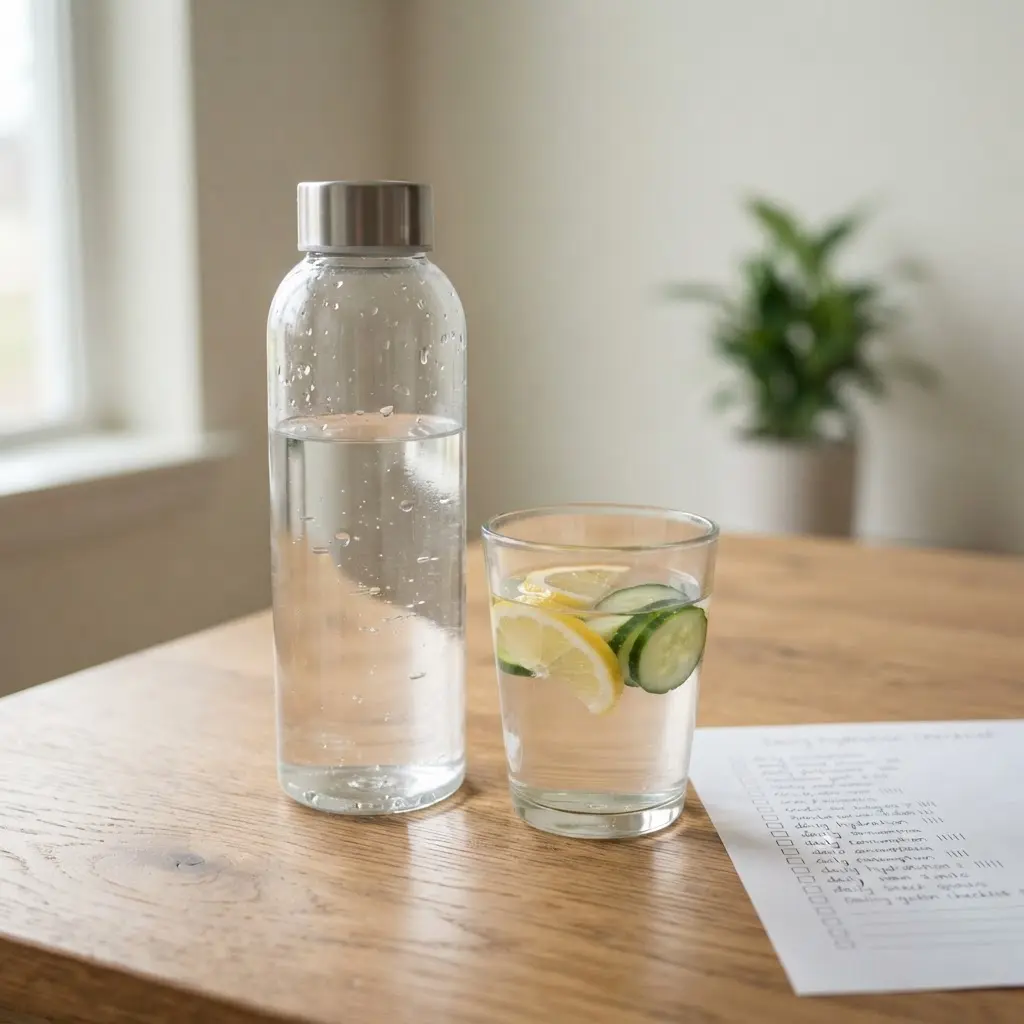 Reusable water bottle, glass of water, sliced fruit, and checklist supporting better eating habits through hydration.