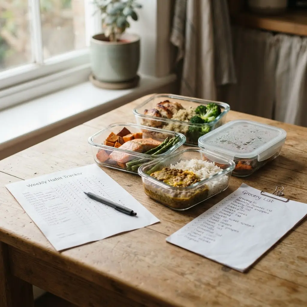 Weekly habit tracker beside prepared meals, a grocery list, and a pen on a clean kitchen table.